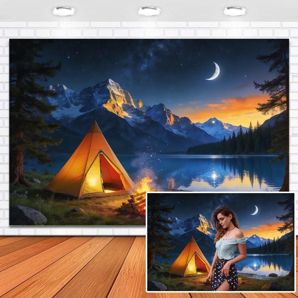 Outdoor Adventure Tent - 20x10ft Night Scene Camping Backdrop: Mountain
